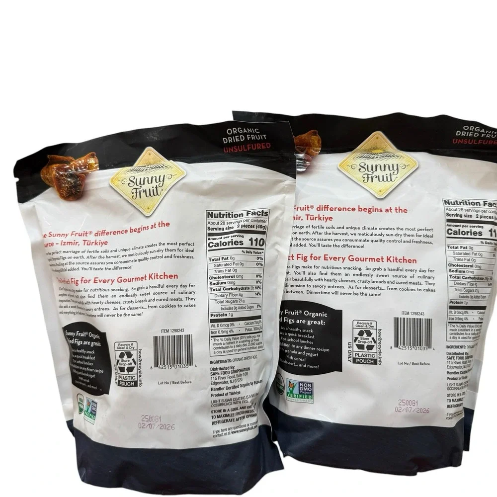 Sunny Fruit USDA Organic‎ Sun-Dried Smyrna Figs Dried Fruit Unsulfured 2 Bags